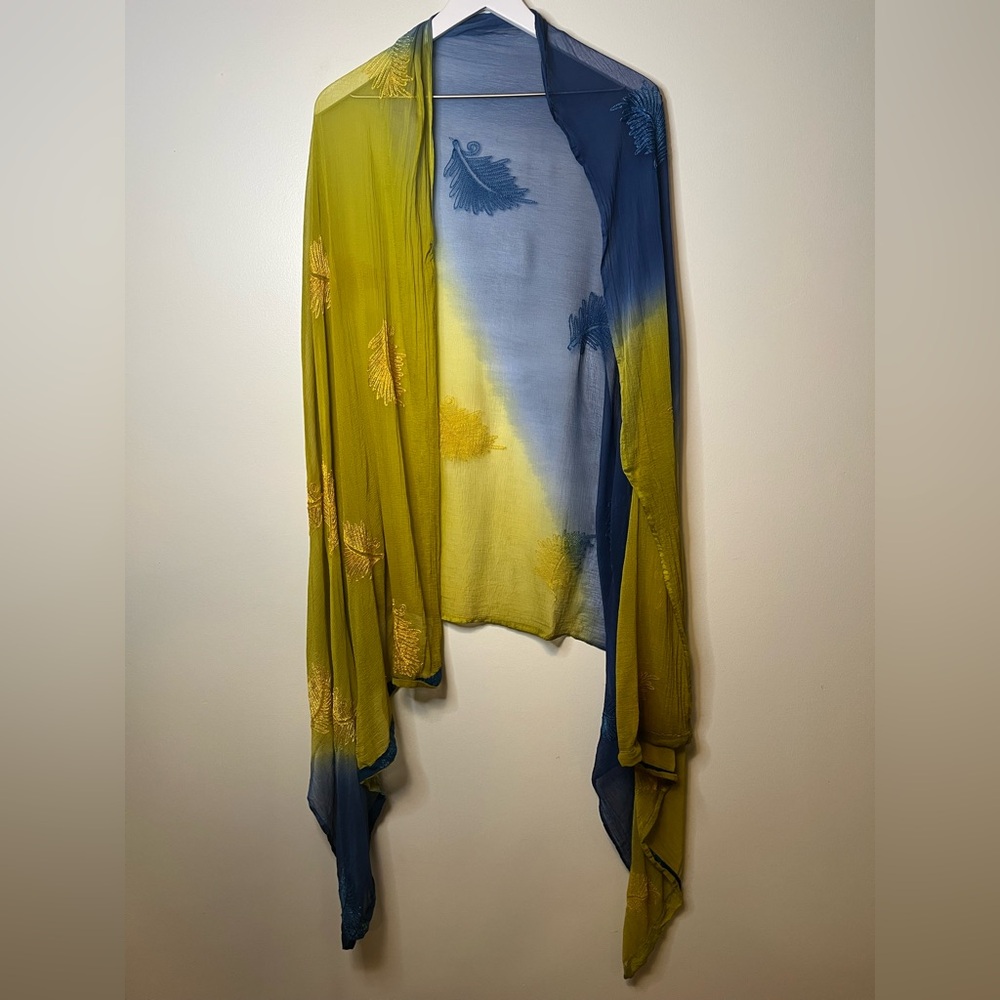 Sheer Embroidered Blue and Yellow Gradient Shawl Scarf